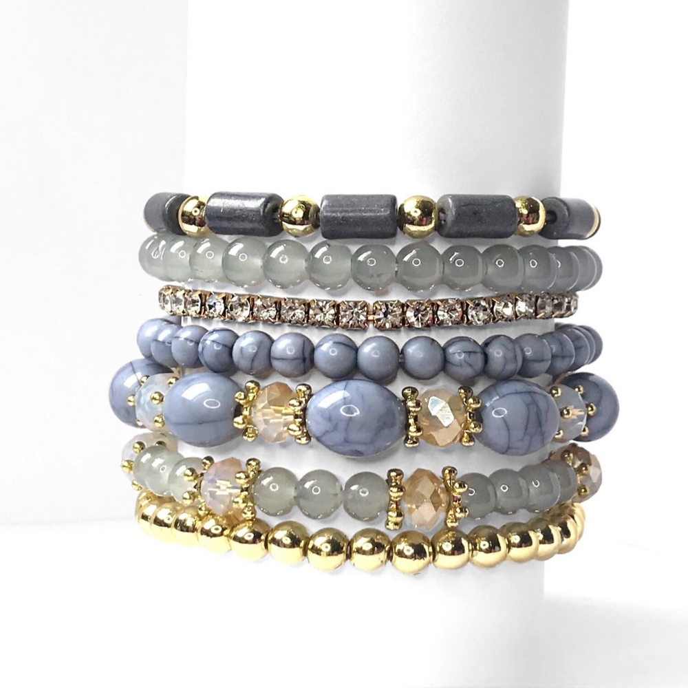 LAST 1!  Slate & Gold Toned Stacking  Bracelets w/Natural Hematite Oval Stones - Picture 4 of 5